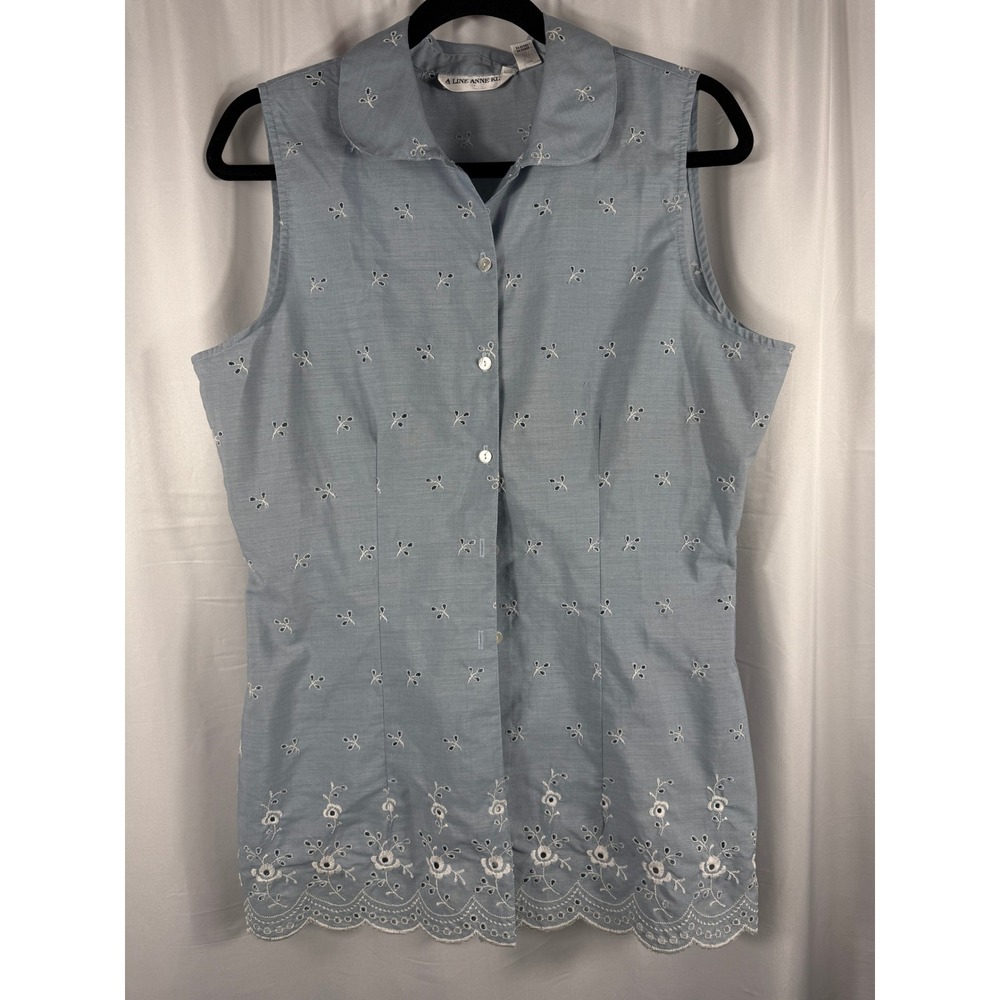 A Line‎ Anne Klein Blue Sleeveless Button Up Top Eyelet Embroidered Size 12